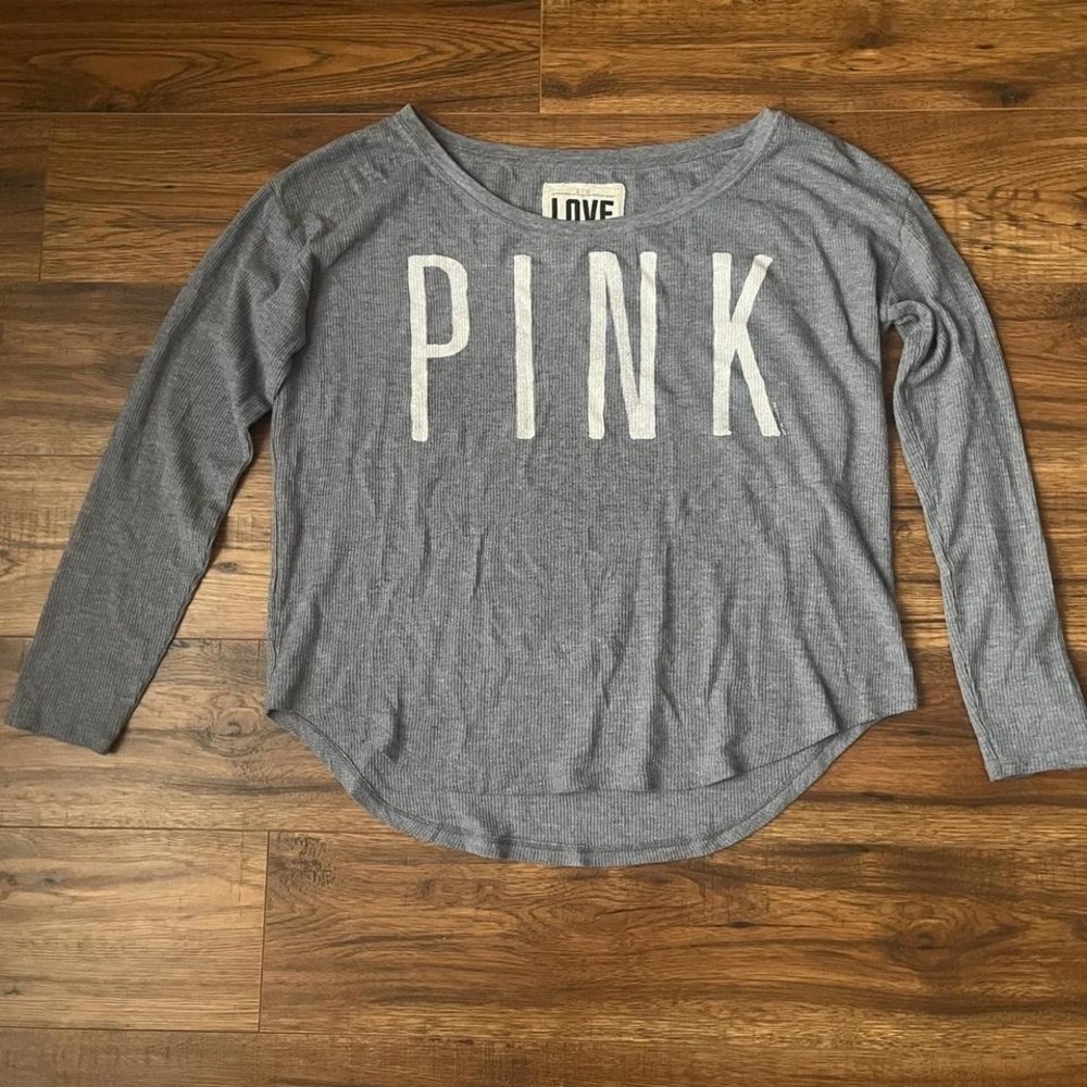 PINK Victoria's Secret Grey Waffle Knit Long Sleeve Top Y2K Large Loungewear